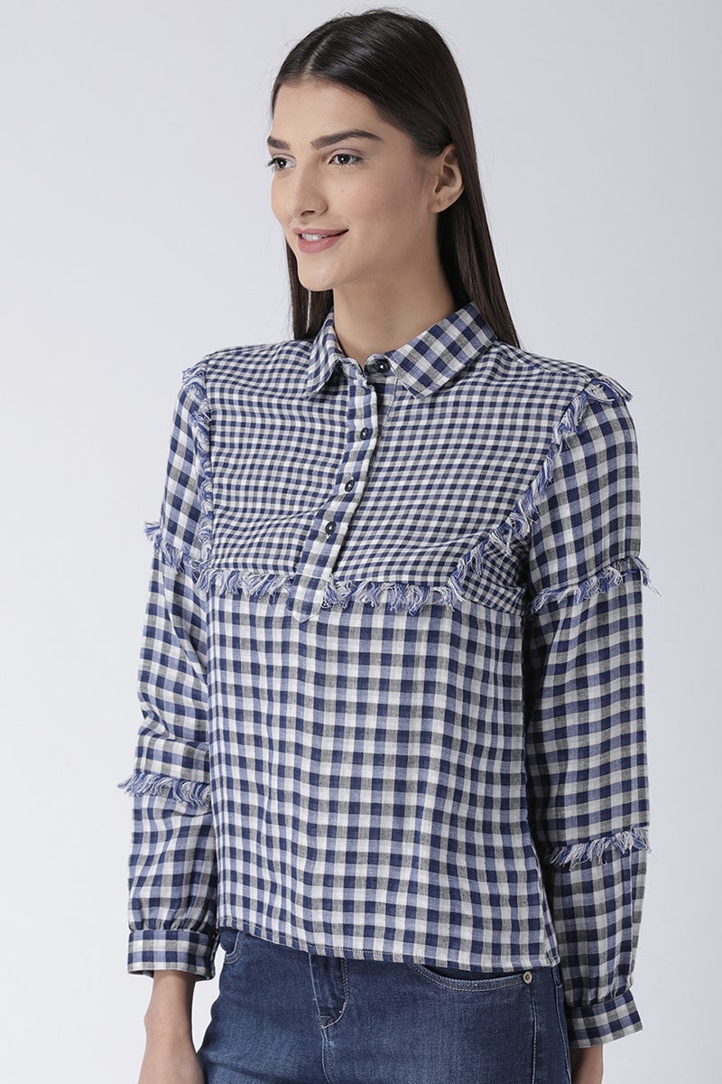 Blue Medium Length Shirt Collar Long Sleeves Rayon Shirt