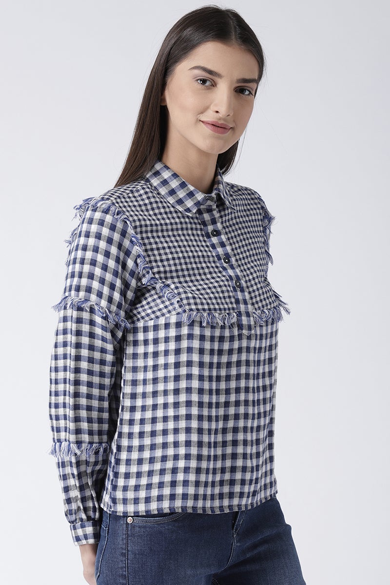 Blue Medium Length Shirt Collar Long Sleeves Rayon Shirt