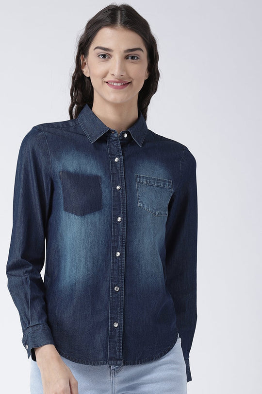 Blue Medium Length Shirt Collar Long Sleeves Denim Shirt