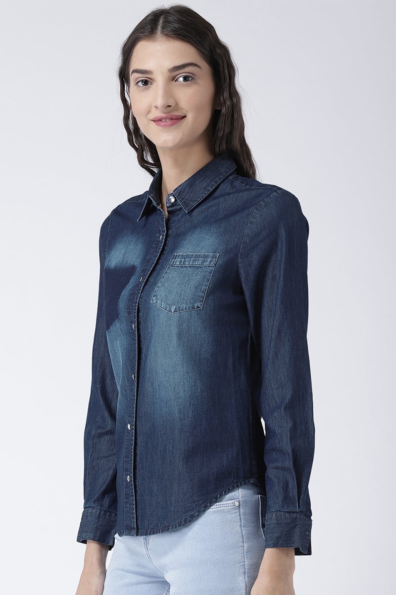 Blue Medium Length Shirt Collar Long Sleeves Denim Shirt