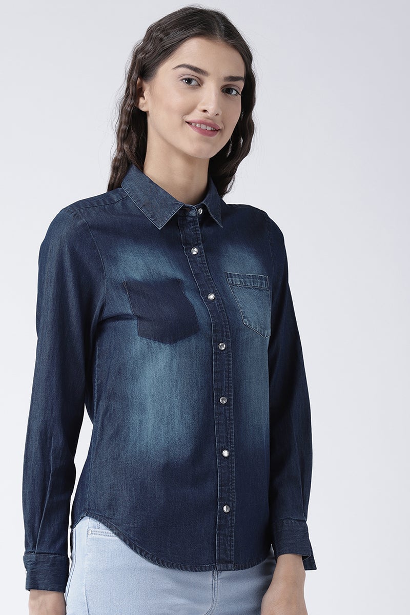 Blue Medium Length Shirt Collar Long Sleeves Denim Shirt