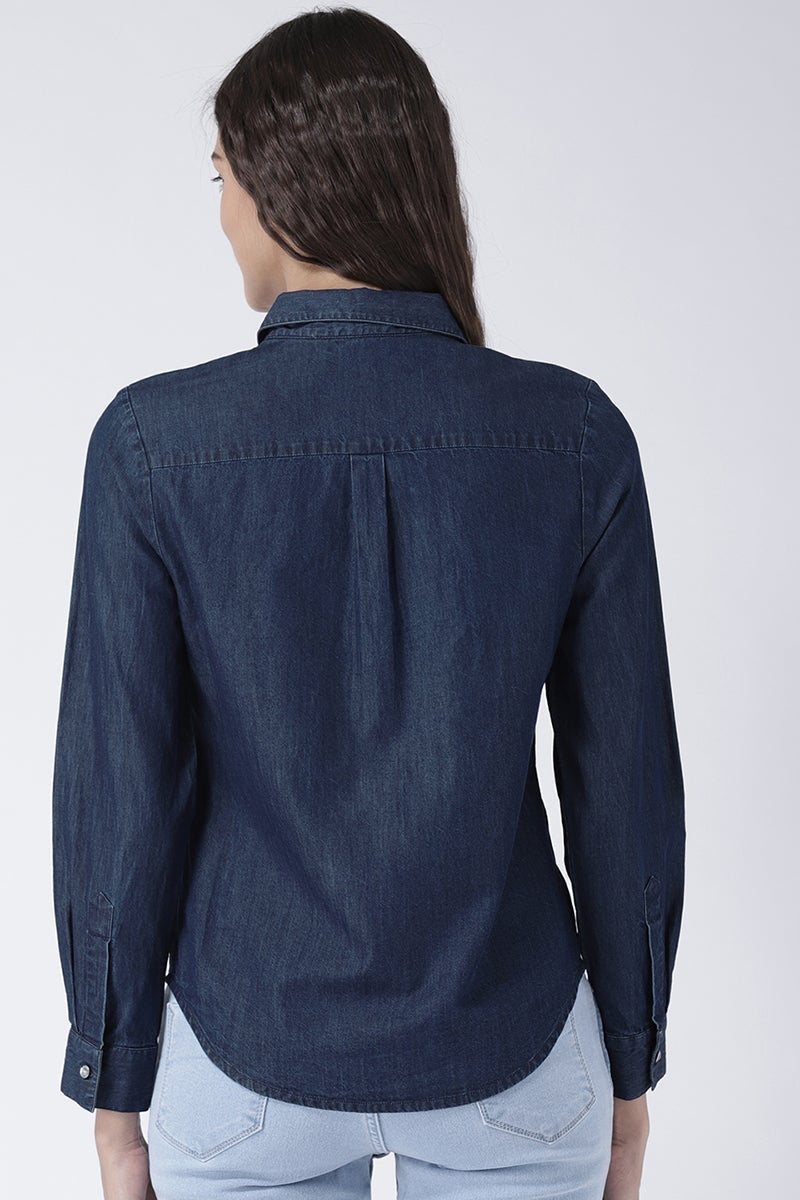 Blue Medium Length Shirt Collar Long Sleeves Denim Shirt