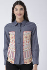 Multicolor Medium Length Shirt Collar Long Sleeves Denim Shirt