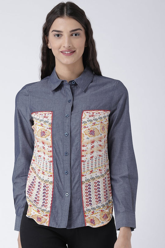 Multicolor Medium Length Shirt Collar Long Sleeves Denim Shirt