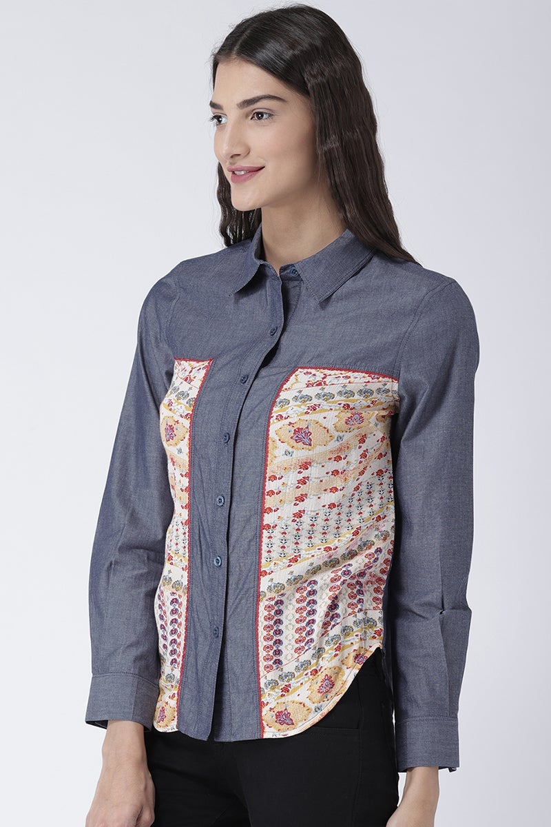 Multicolor Medium Length Shirt Collar Long Sleeves Denim Shirt
