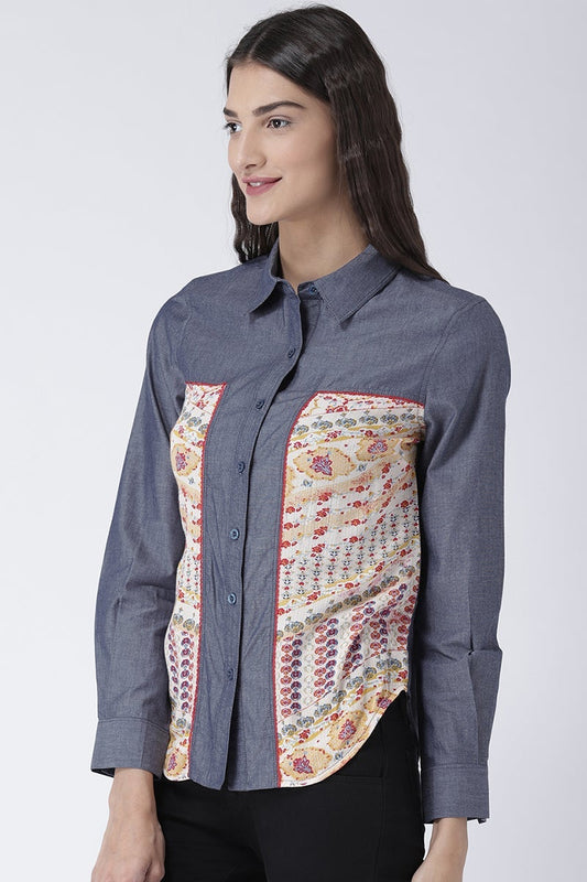 Multicolor Medium Length Shirt Collar Long Sleeves Denim Shirt
