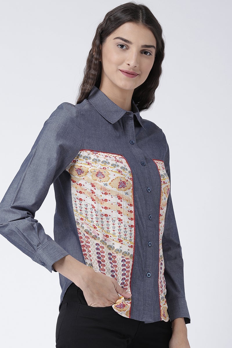 Multicolor Medium Length Shirt Collar Long Sleeves Denim Shirt