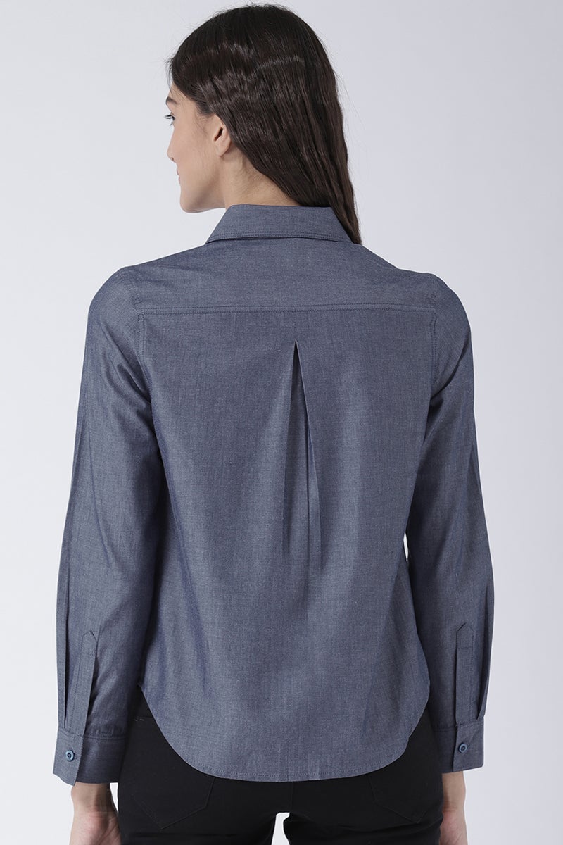 Multicolor Medium Length Shirt Collar Long Sleeves Denim Shirt