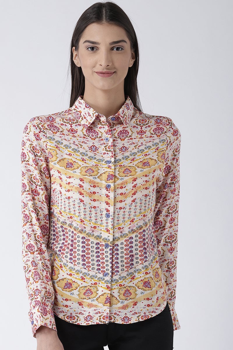 Multicolor Medium Length Shirt Collar Long Sleeves Rayon Shirt