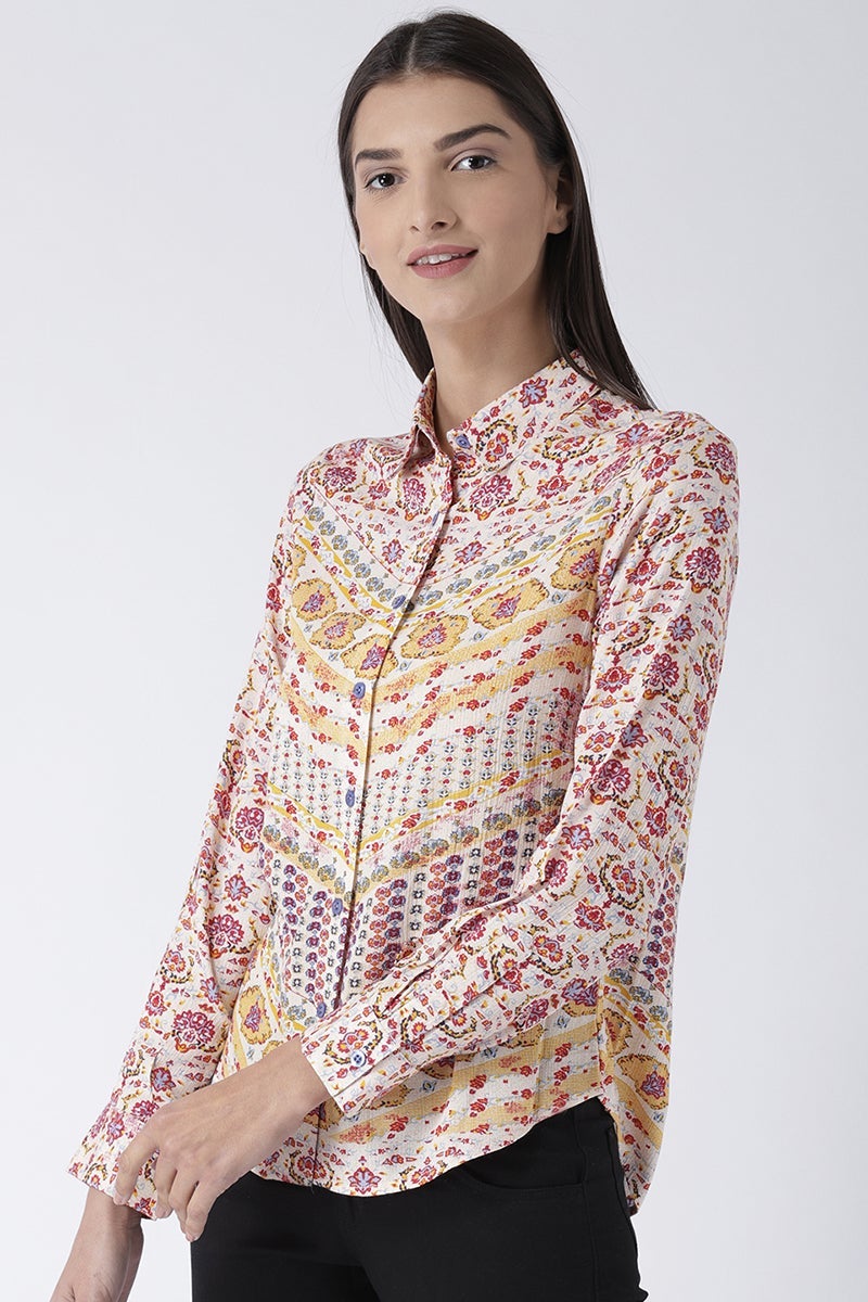 Multicolor Medium Length Shirt Collar Long Sleeves Rayon Shirt