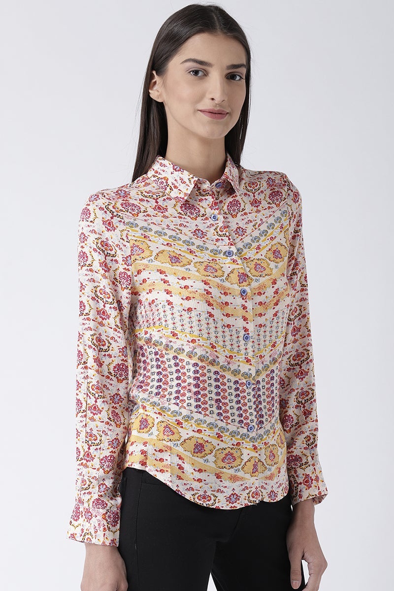 Multicolor Medium Length Shirt Collar Long Sleeves Rayon Shirt