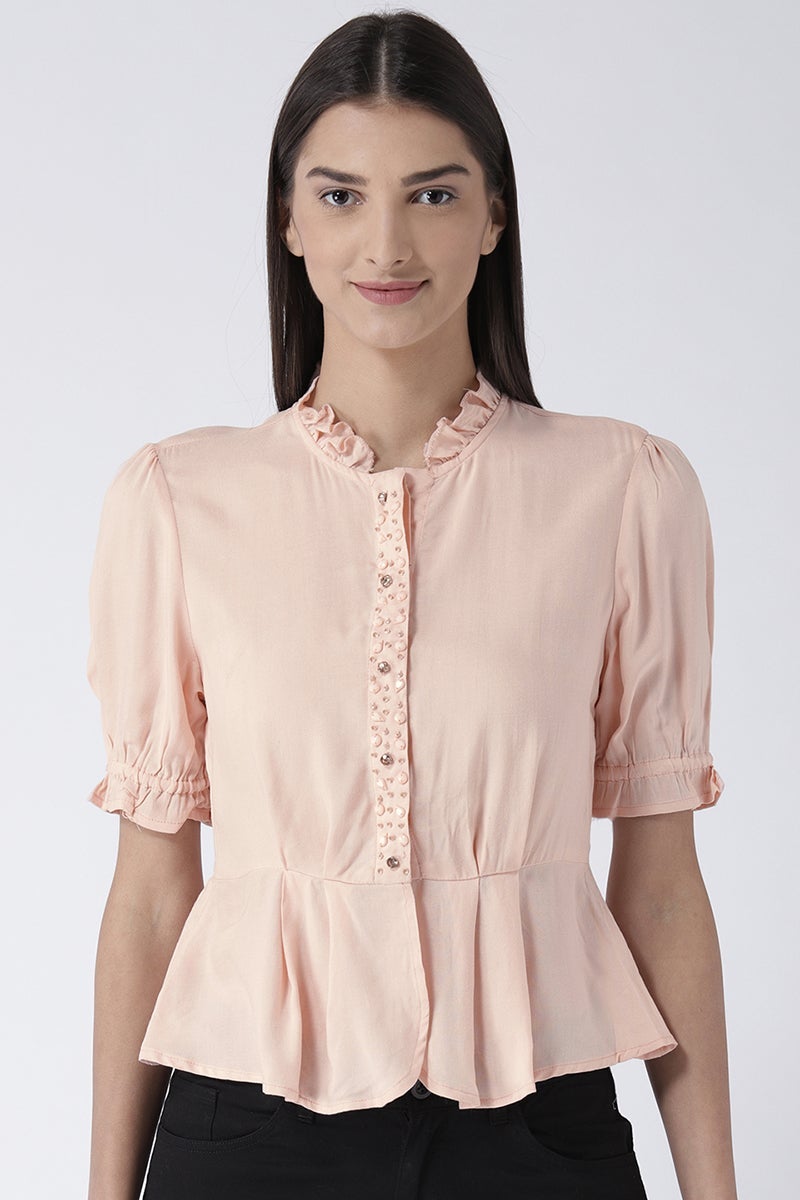 Peach Medium Length Round Neck Short Sleeves Rayon Shirt