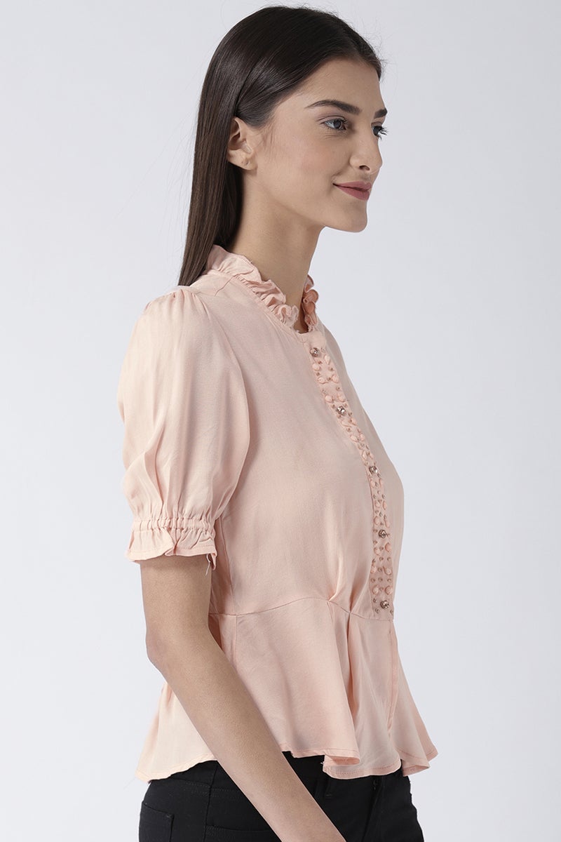 Peach Medium Length Round Neck Short Sleeves Rayon Shirt