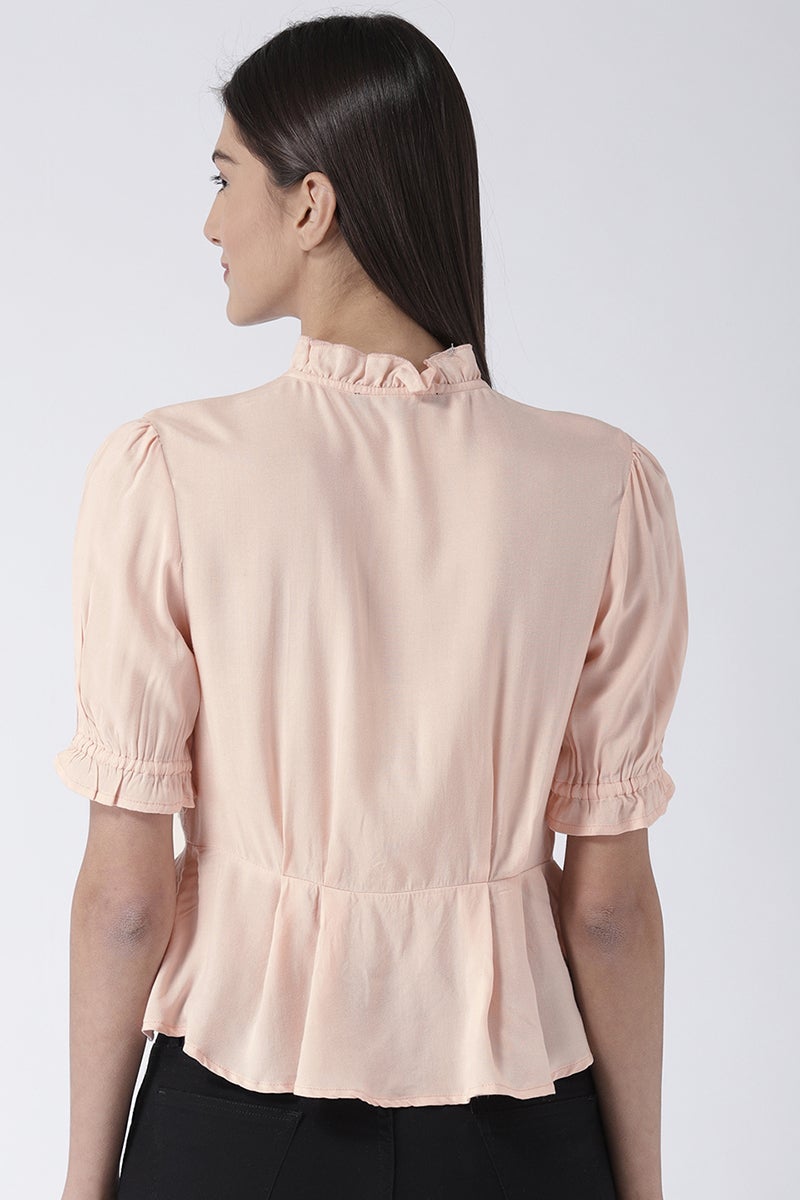 Peach Medium Length Round Neck Short Sleeves Rayon Shirt