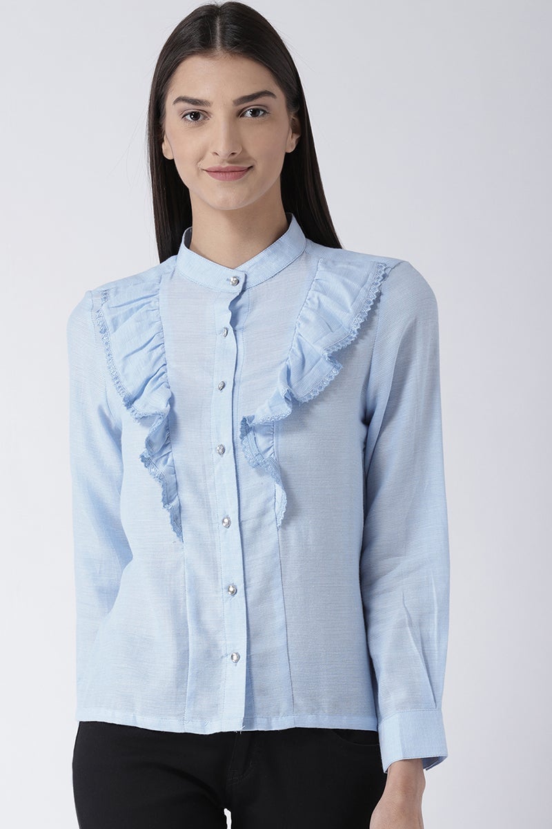 Sky Blue Medium Length Round Neck Long Sleeves Synthetics Shirt
