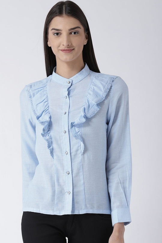 Sky Blue Medium Length Round Neck Long Sleeves Synthetics Shirt