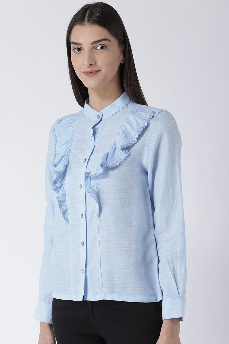 Sky Blue Medium Length Round Neck Long Sleeves Synthetics Shirt