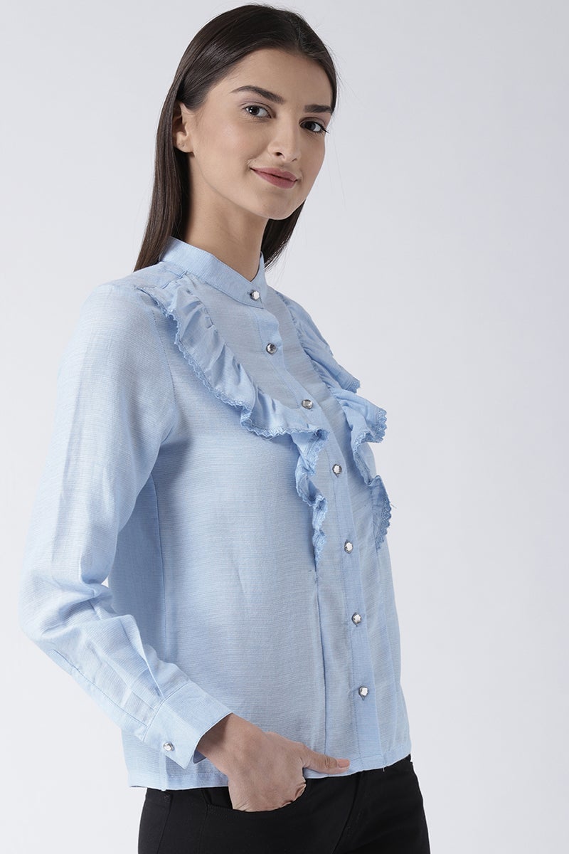 Sky Blue Medium Length Round Neck Long Sleeves Synthetics Shirt