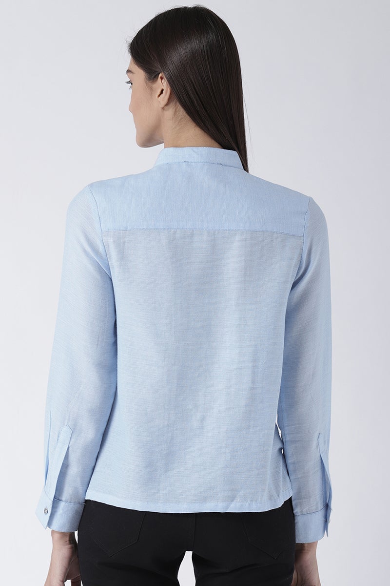 Sky Blue Medium Length Round Neck Long Sleeves Synthetics Shirt