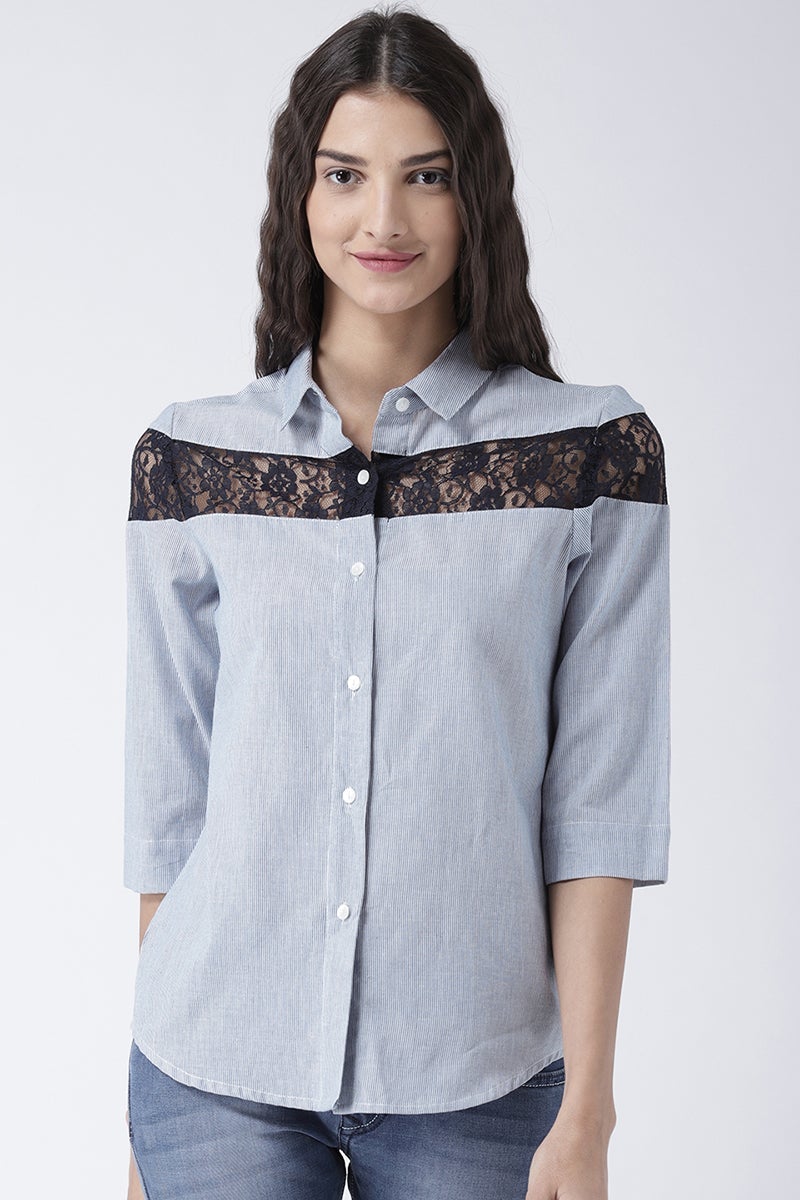 Blue Medium Length Shirt Collar 3/4th Sleeves Cotton Shirt