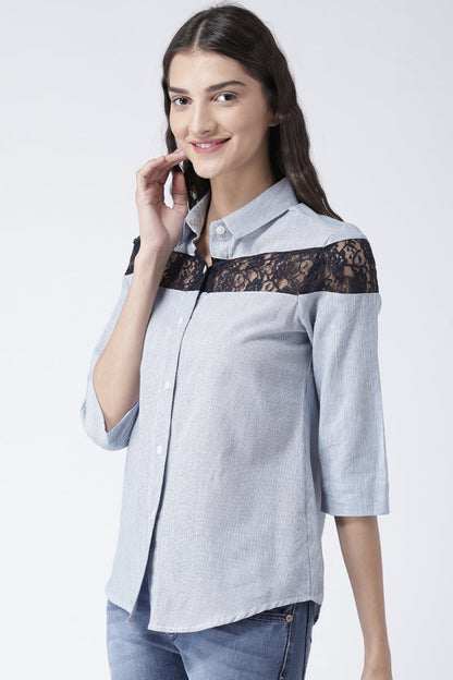 Blue Medium Length Shirt Collar 3/4th Sleeves Cotton Shirt