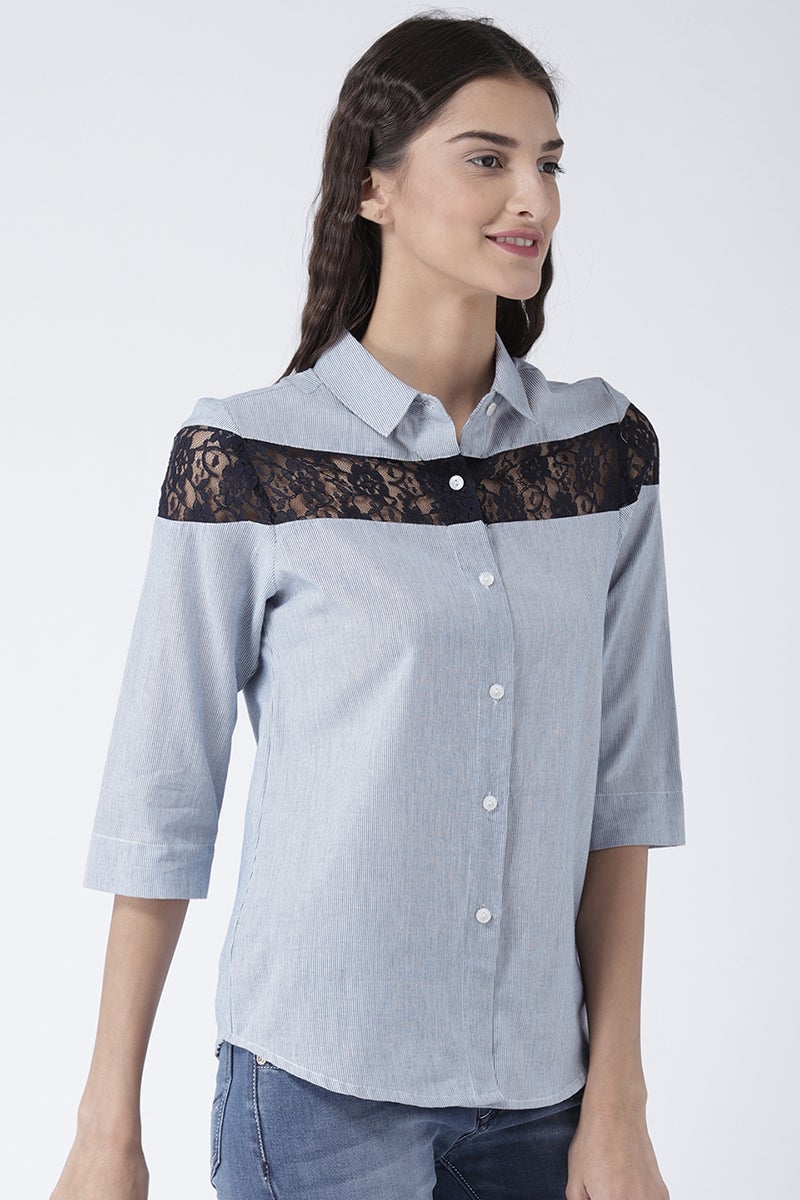 Blue Medium Length Shirt Collar 3/4th Sleeves Cotton Shirt