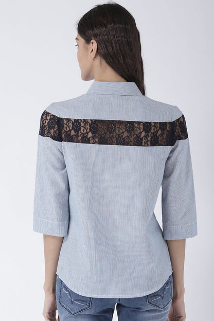 Blue Medium Length Shirt Collar 3/4th Sleeves Cotton Shirt