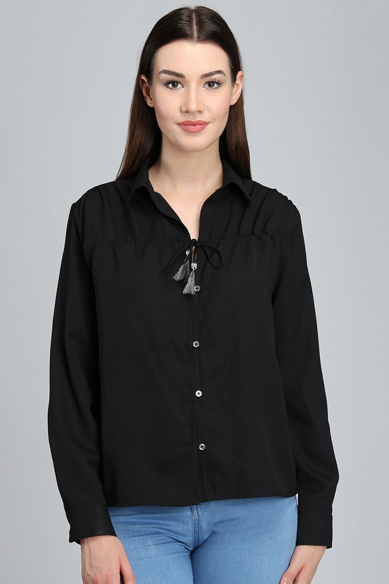 Black Medium Length Shirt Collar Long Sleeves Polyester Shirt