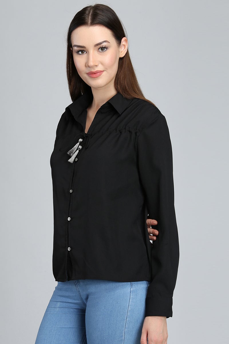 Black Medium Length Shirt Collar Long Sleeves Polyester Shirt