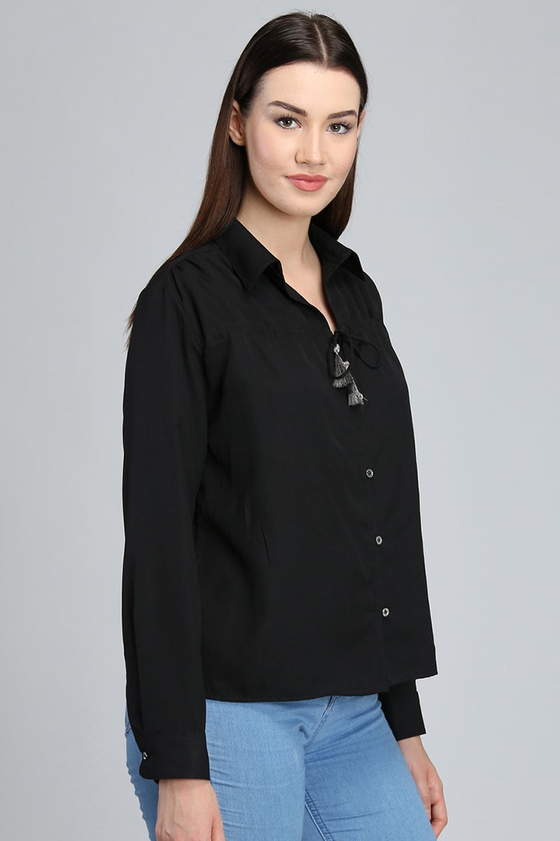 Black Medium Length Shirt Collar Long Sleeves Polyester Shirt