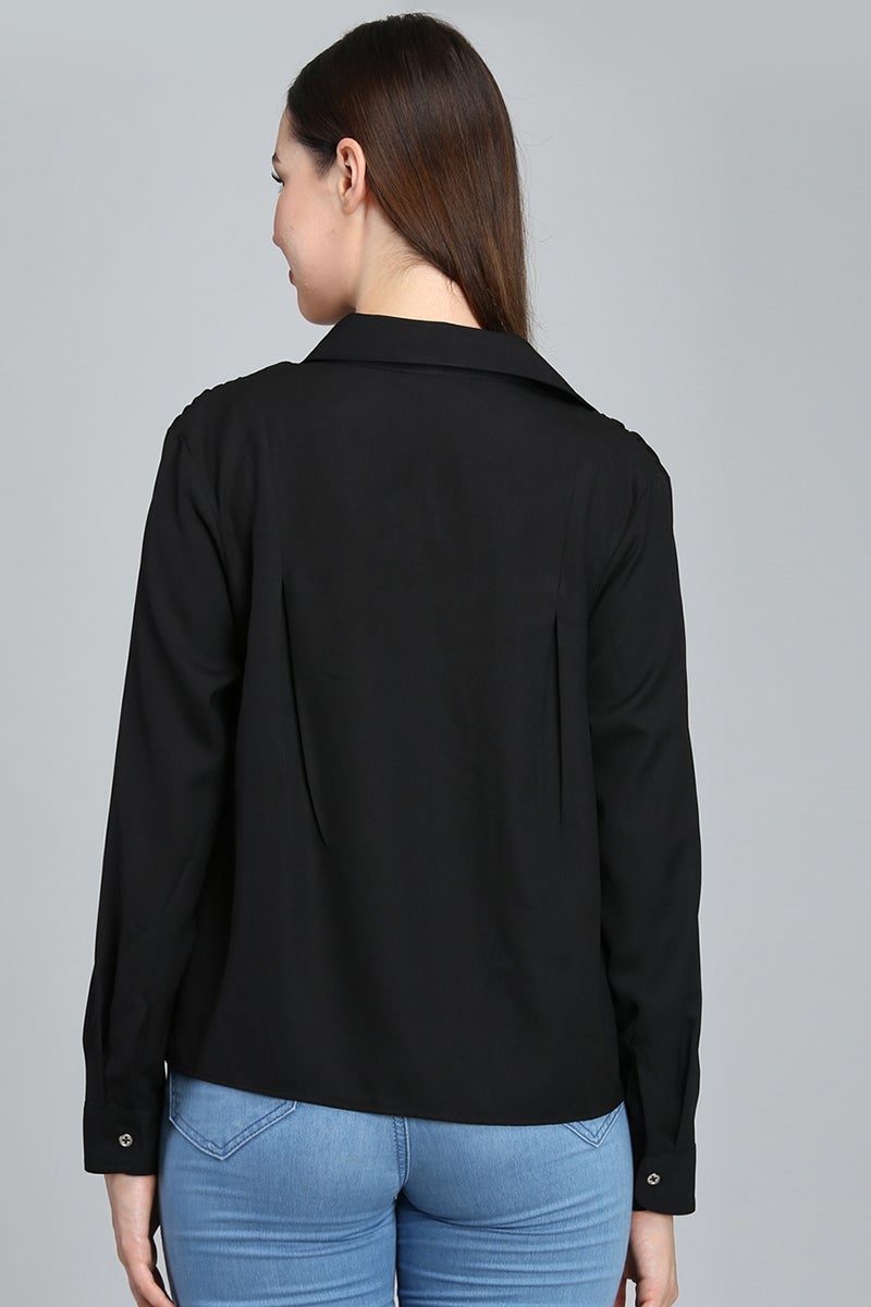 Black Medium Length Shirt Collar Long Sleeves Polyester Shirt