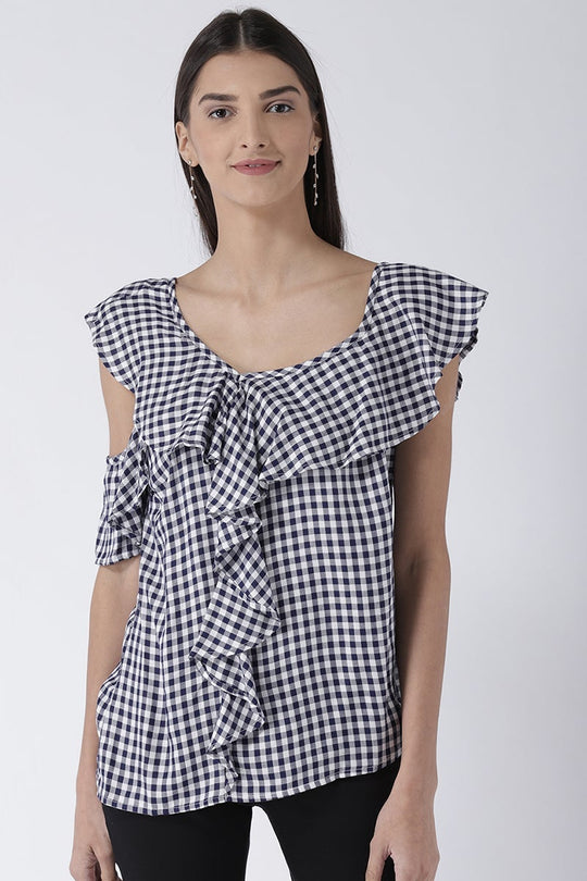 Blue Medium Length One Shoulder Rayon Top