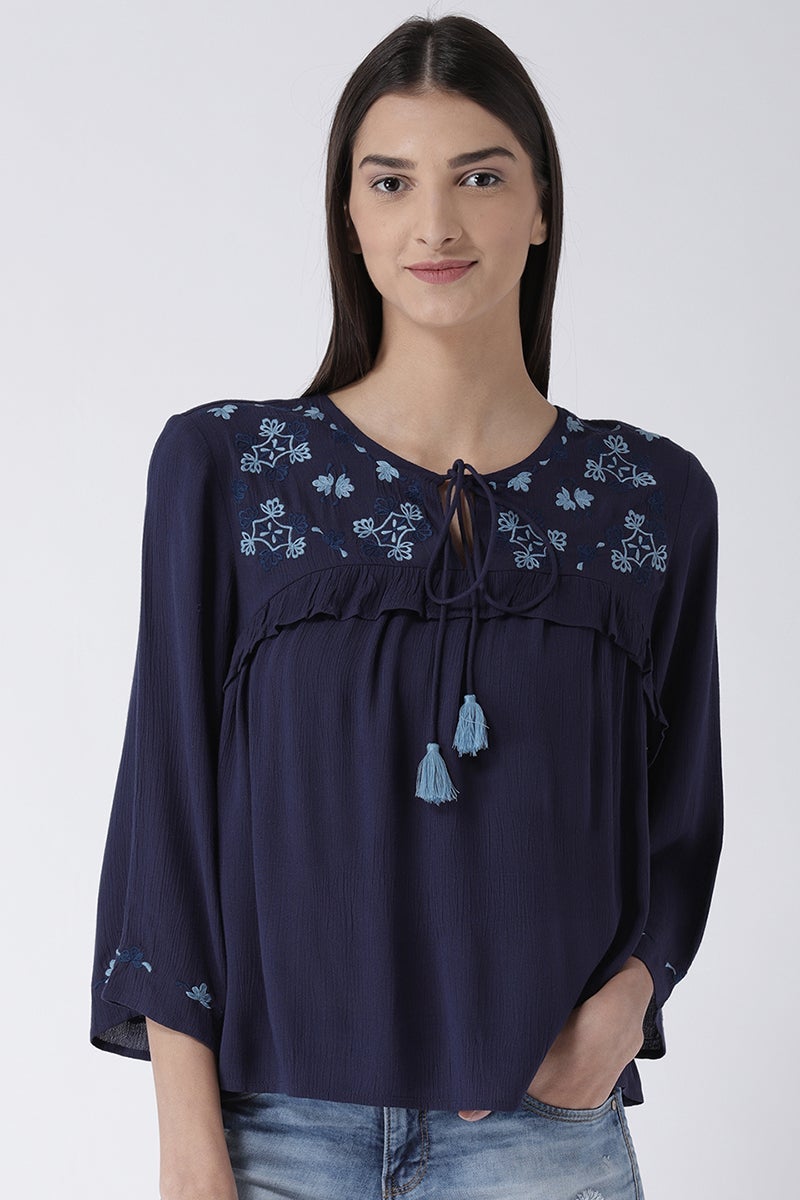 Navy Blue Medium Length Tie-Up Rayon Top