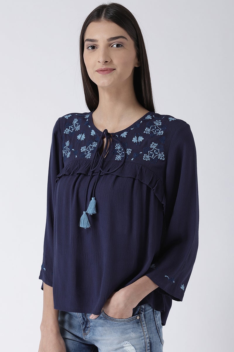 Navy Blue Medium Length Tie-Up Rayon Top