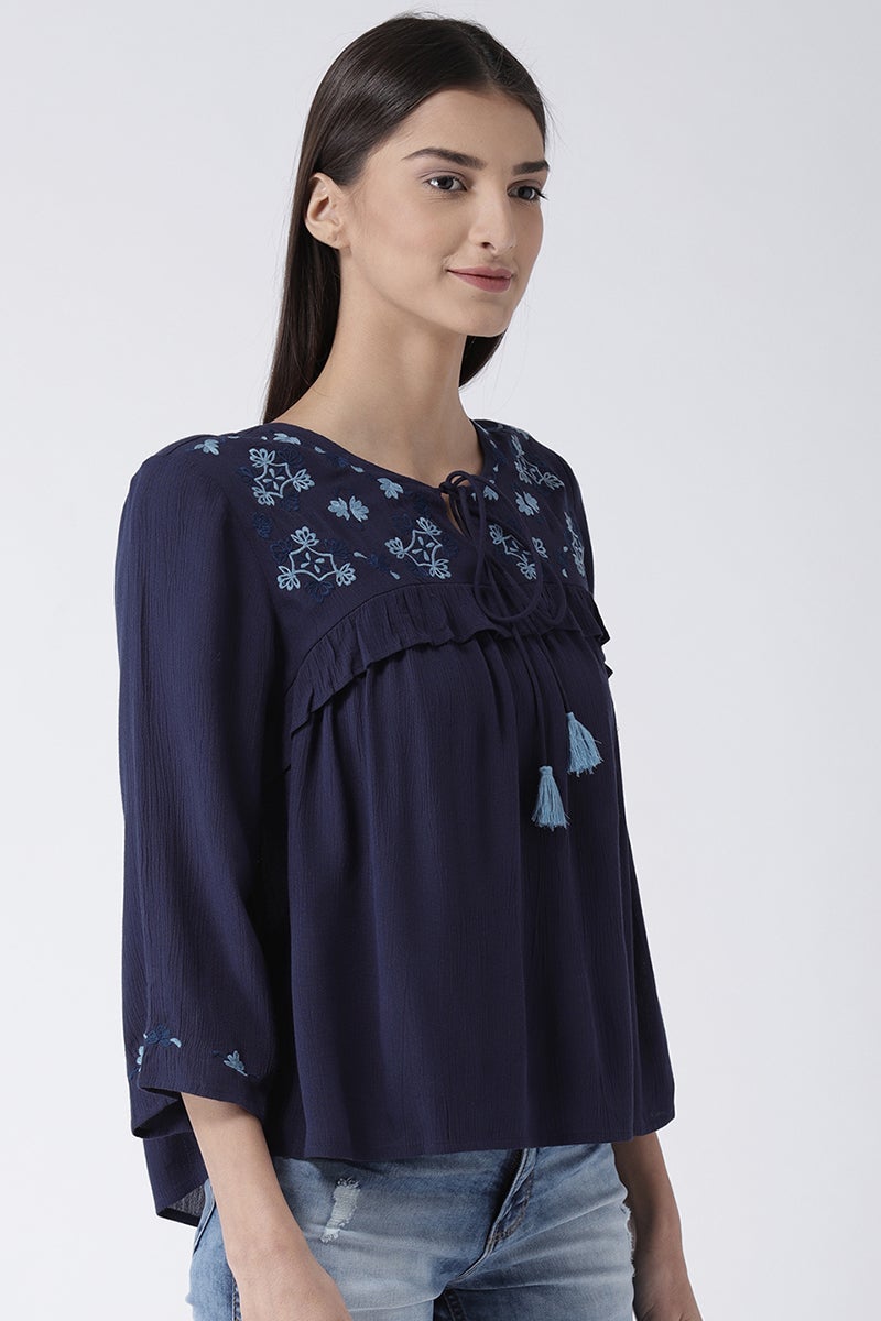 Navy Blue Medium Length Tie-Up Rayon Top