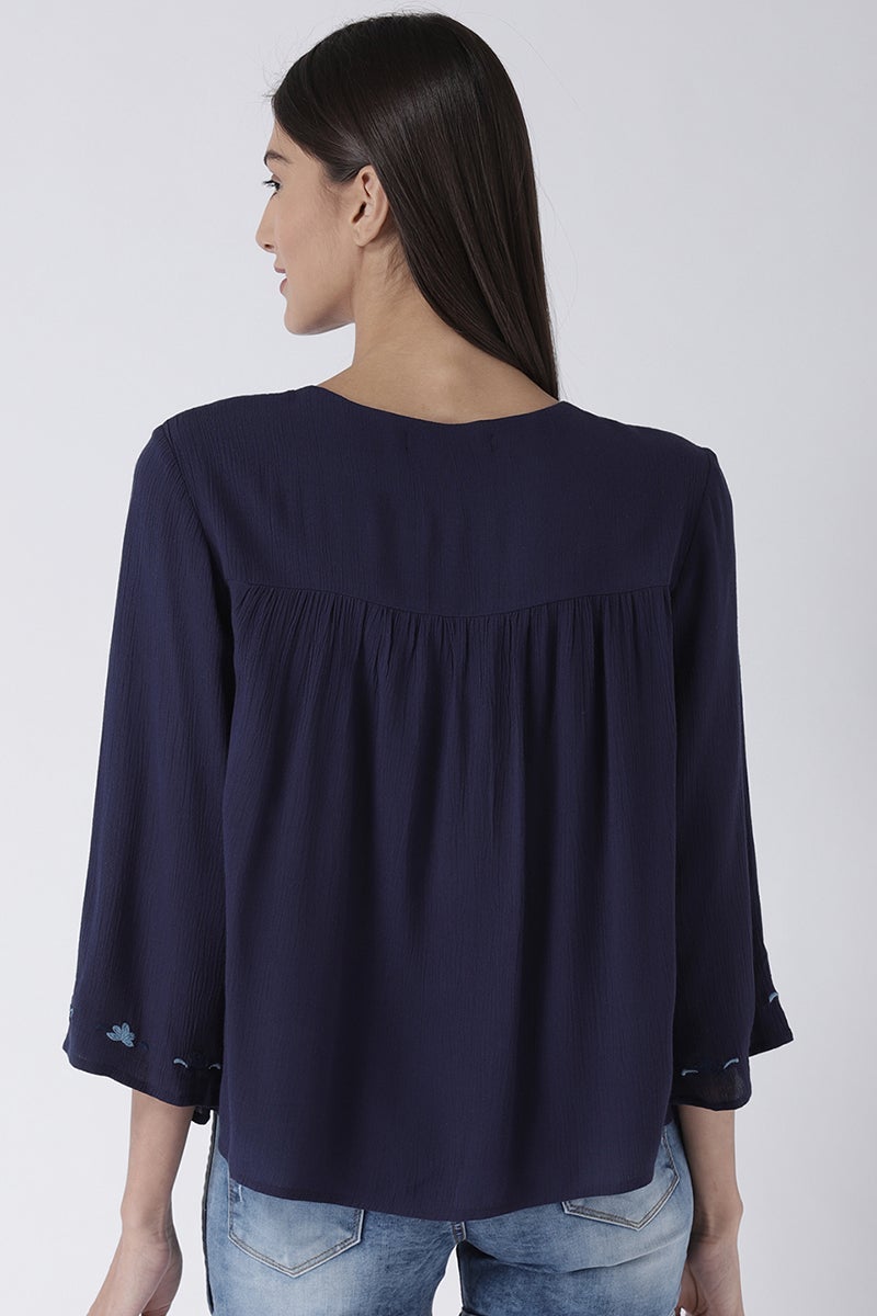 Navy Blue Medium Length Tie-Up Rayon Top