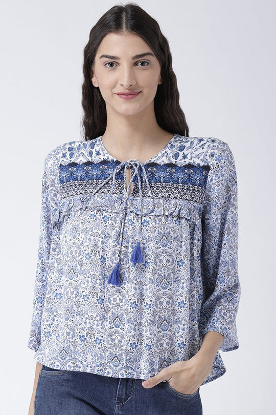 Blue Medium Length Tie-Up Rayon Top