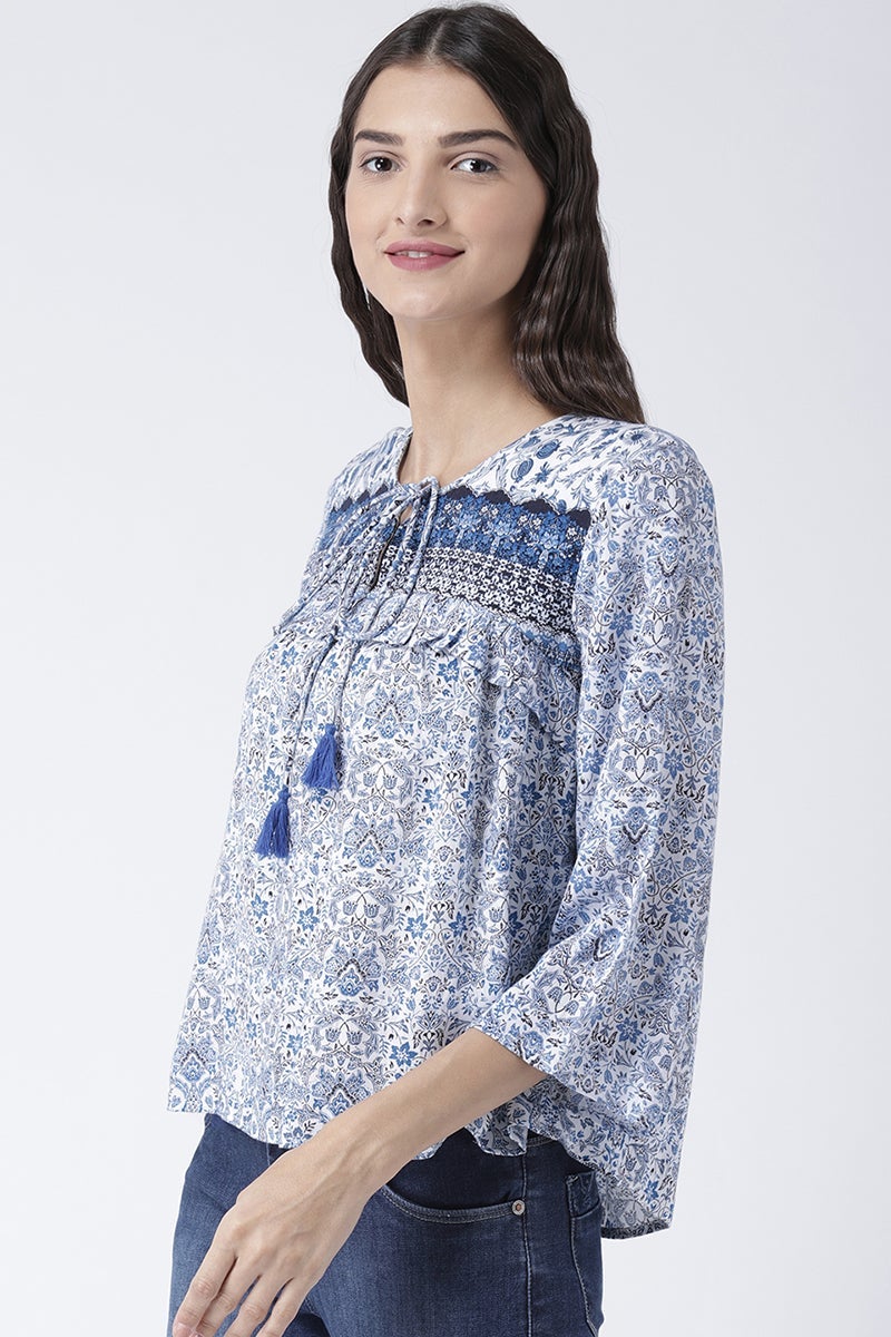 Blue Medium Length Tie-Up Rayon Top