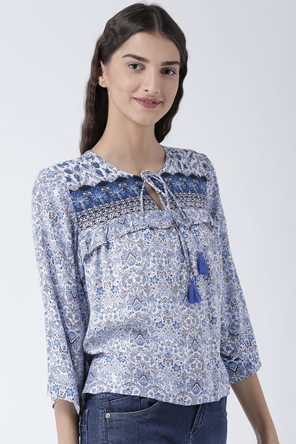 Blue Medium Length Tie-Up Rayon Top