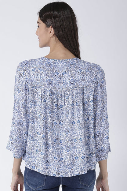 Blue Medium Length Tie-Up Rayon Top