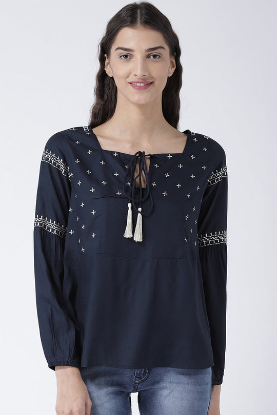 Navy Blue Medium Length Tie-Up Rayon Top