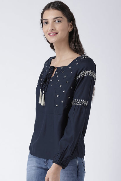 Navy Blue Medium Length Tie-Up Rayon Top