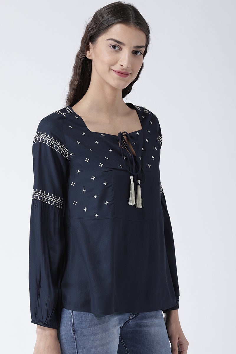Navy Blue Medium Length Tie-Up Rayon Top