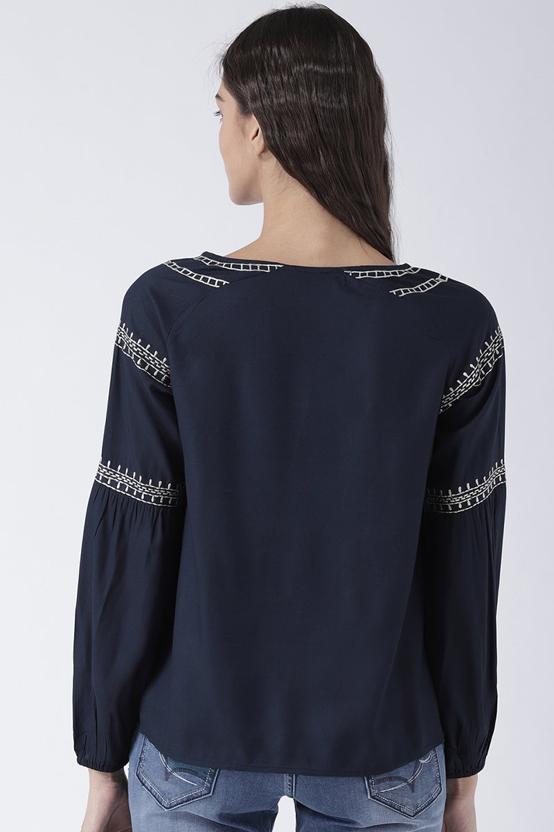 Navy Blue Medium Length Tie-Up Rayon Top