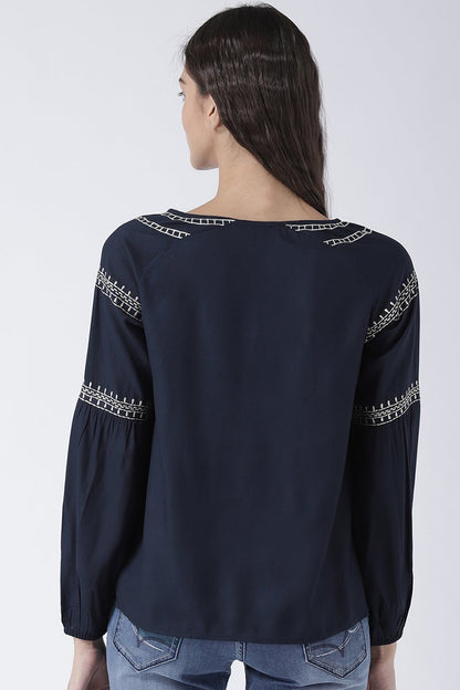 Navy Blue Medium Length Tie-Up Rayon Top