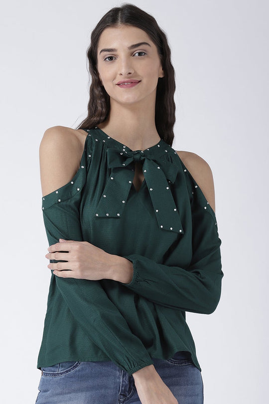 Green Medium Length Tie-Up Rayon Top