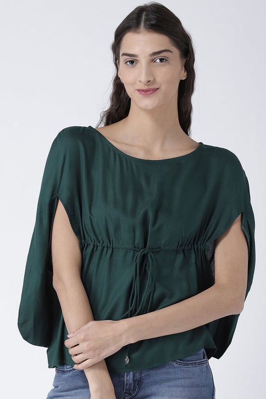 Green Medium Length Round Neck Rayon Top