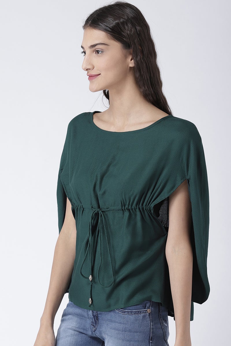 Green Medium Length Round Neck Rayon Top