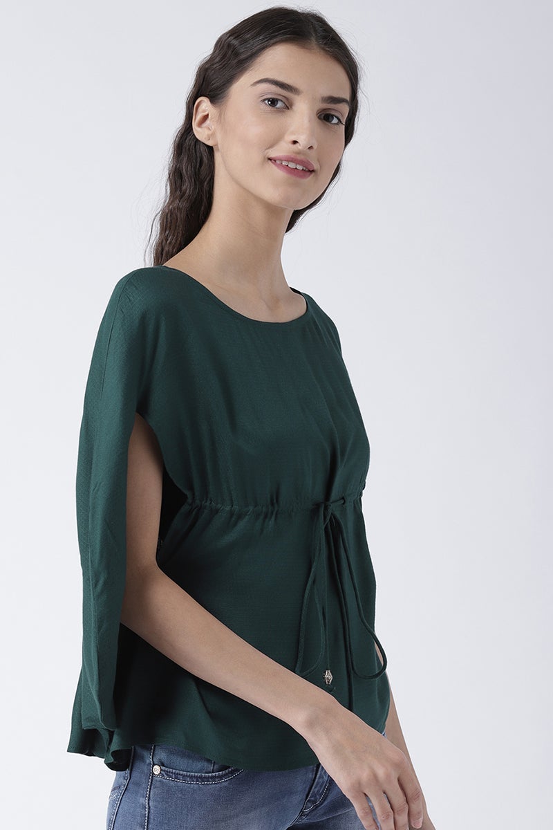 Green Medium Length Round Neck Rayon Top