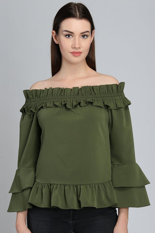 Green Medium Length Off-Shoulder Polyester Top